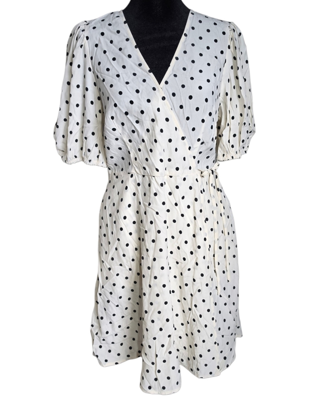 A New Dat Polka Dot Faux Wrap Dress - White with Black Dots - NWT